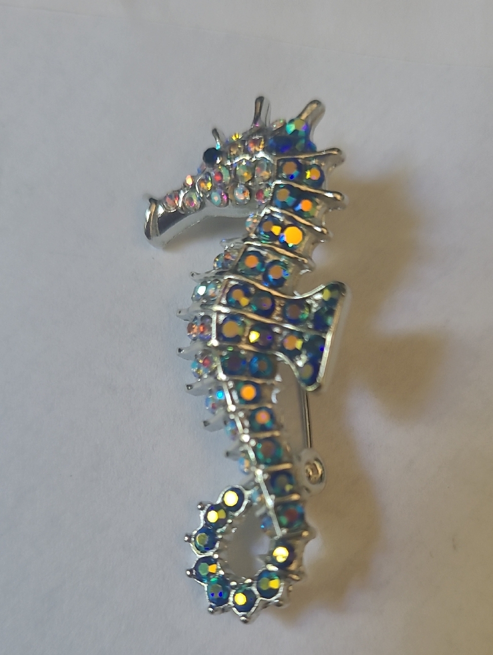 Seahorse Rhinestone Brooch - Iridescent Blue Accent